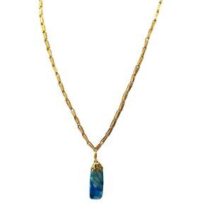 Vintage Bright Blue Banded Agate Pendant Necklace on Unique Gold Tone Chain